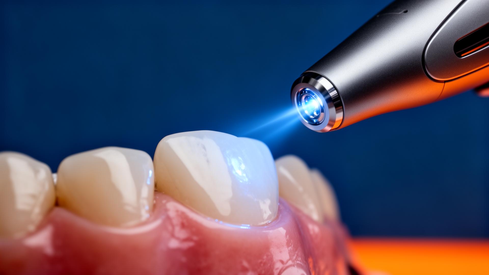 Scanner intraoral de alta precisão aplicando luz azul sobre um dente
