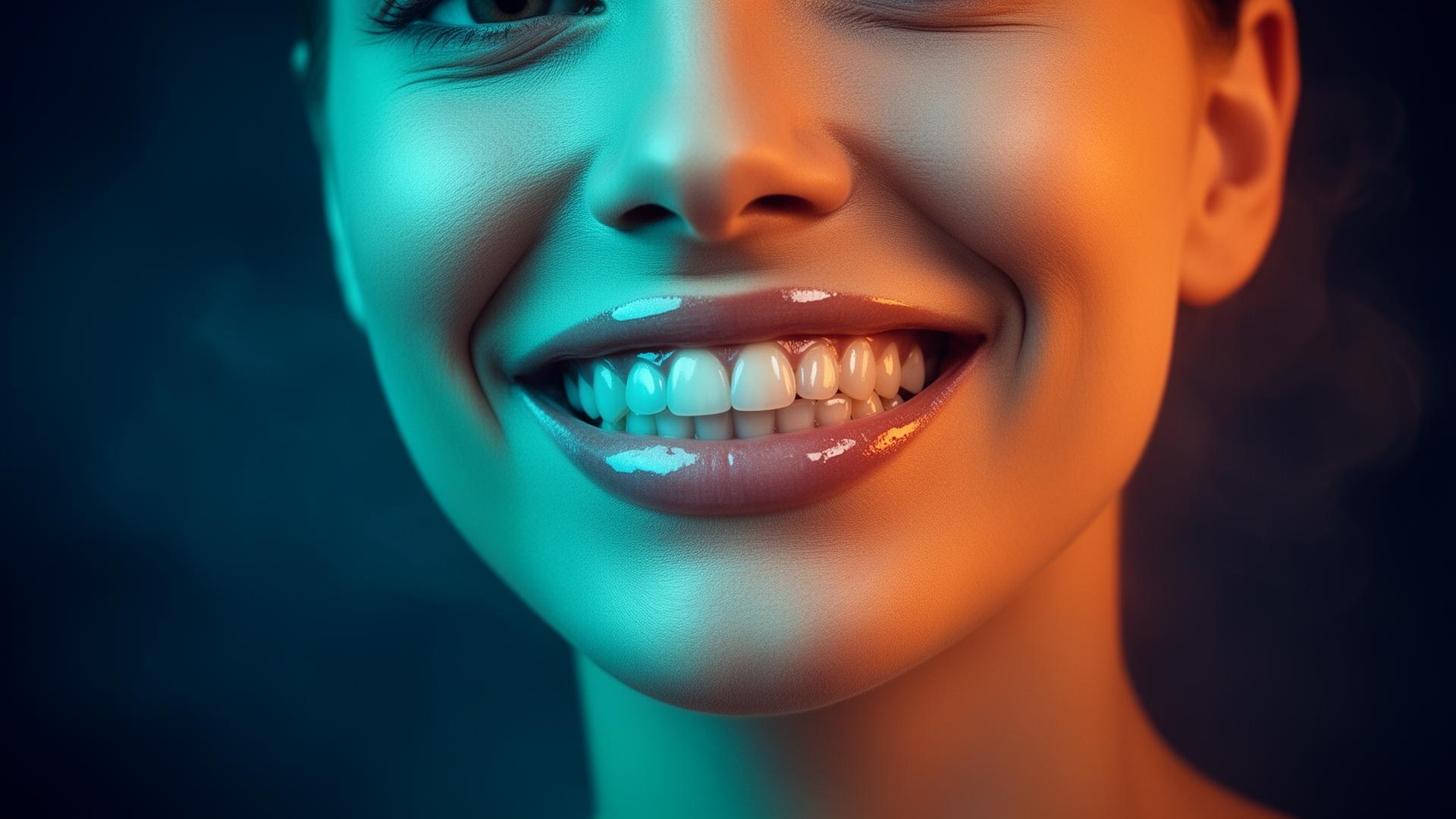 Sorriso premium iluminado por luz cinematográfica azul